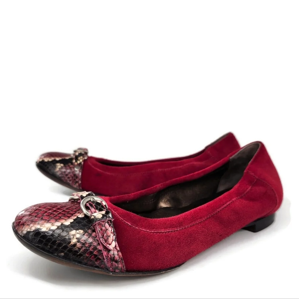 Attilio Giusti Leombruni Monika Dark Red Suede Snake Print Cap Toe Ballet Flats